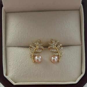 Gold Leaf Pearl Earrings | Sterling Silver Posts | Affordable Gift for Her